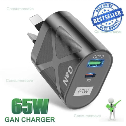 Fast charger 65W GaN 1×USB-A 1×USB-C NZ MARKET CLUB